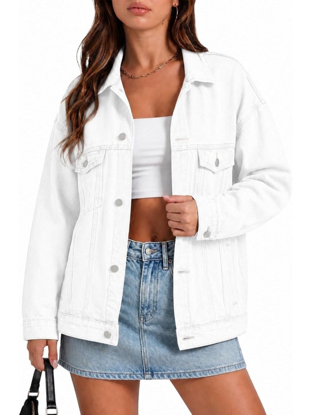 Women’s White Oversized Denim Jacket Button Down Boyfriend Style Pockets